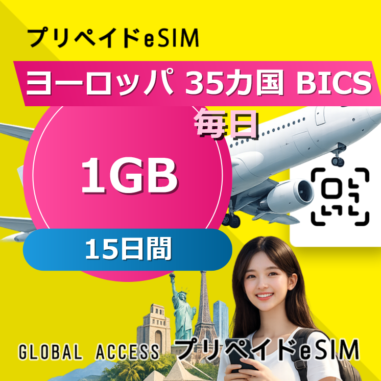 ヨーロッパ 35カ国 BICS eSIM 1GB 毎日 15日間
