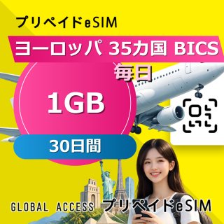 ヨーロッパ 35カ国 BICS eSIM 1GB 毎日 30日間
