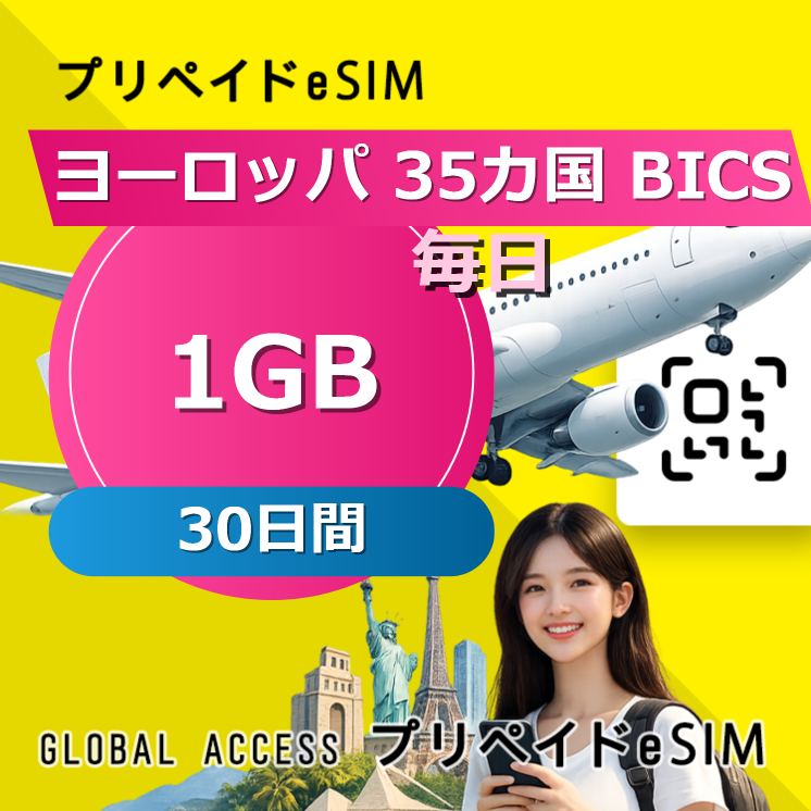ヨーロッパ 35カ国 BICS eSIM 1GB 毎日 30日間