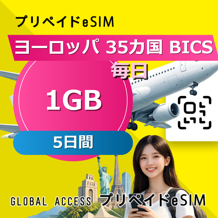 ヨーロッパ 35カ国 BICS eSIM 1GB 毎日 5日間