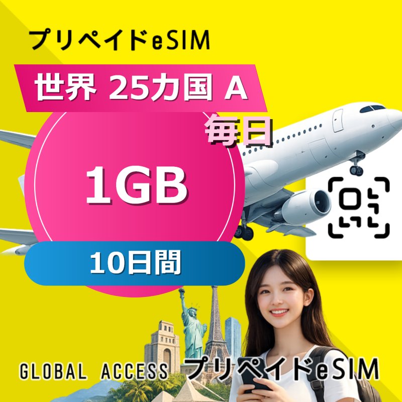 世界 25カ国 A eSIM 1GB 毎日 10日間