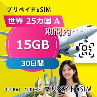 世界 25カ国 A eSIM 15GB 30日間