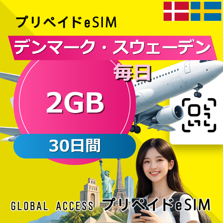 デンマーク・スウェーデン eSIM 2GB 毎日 30日間