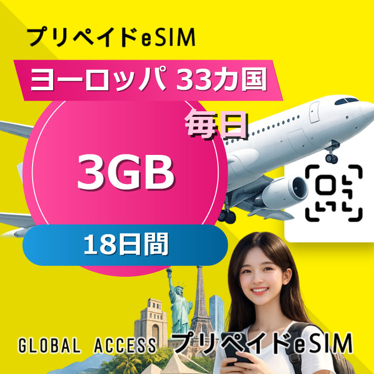 ヨーロッパ 33カ国 eSIM 3GB 毎日 18日間