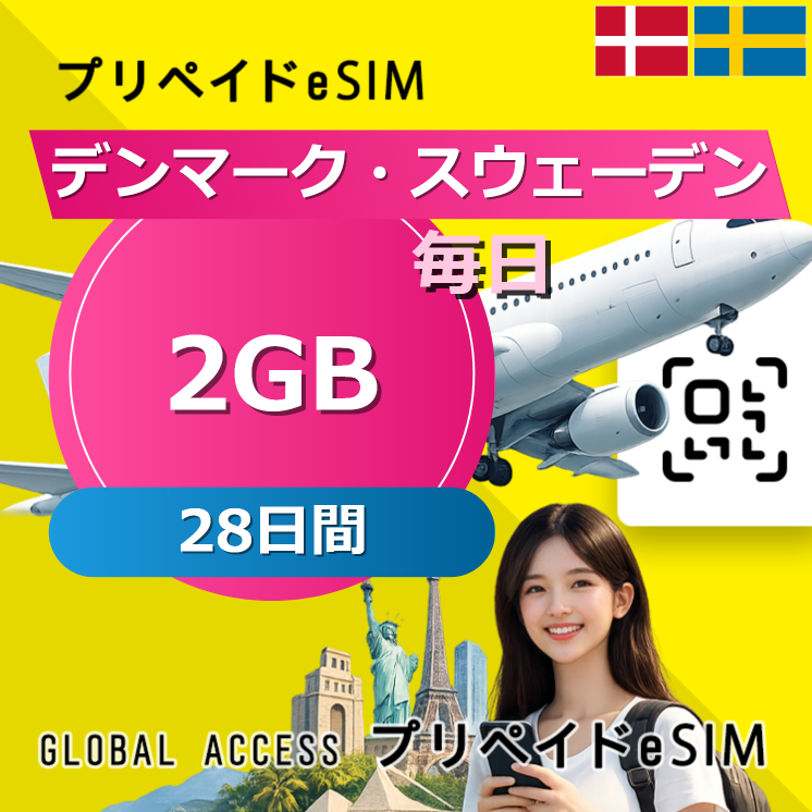 デンマーク・スウェーデン eSIM 2GB 毎日 28日間