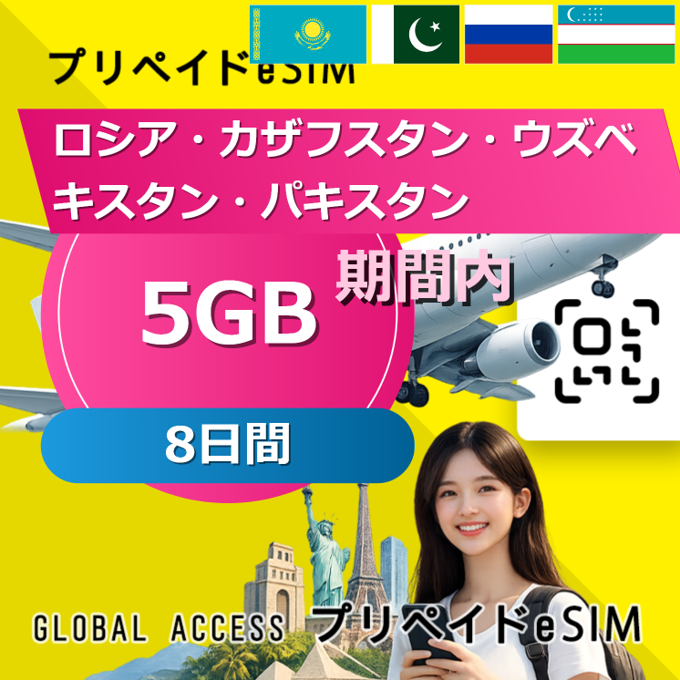 ロシア・カザフスタン・ウズベキスタン・パキスタン 5GB / 8日間