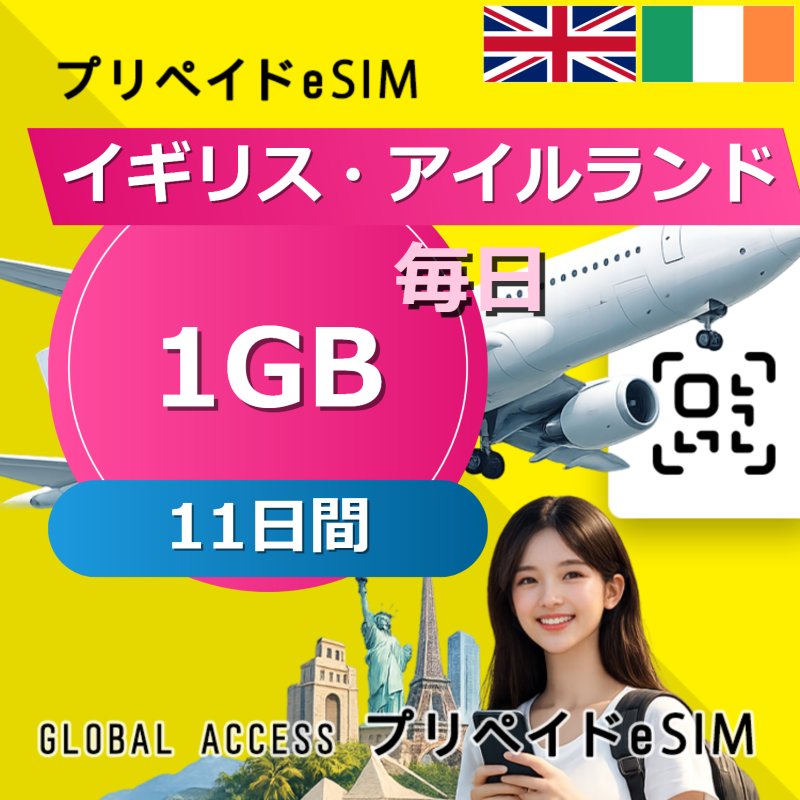 イギリス・アイルランド eSIM 1GB 毎日 11日間