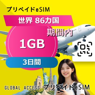 世界 86カ国 eSIM 1GB 3日間