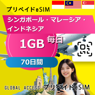 シンガポール・マレーシア・インドネシア eSIM 1GB 毎日 70日間