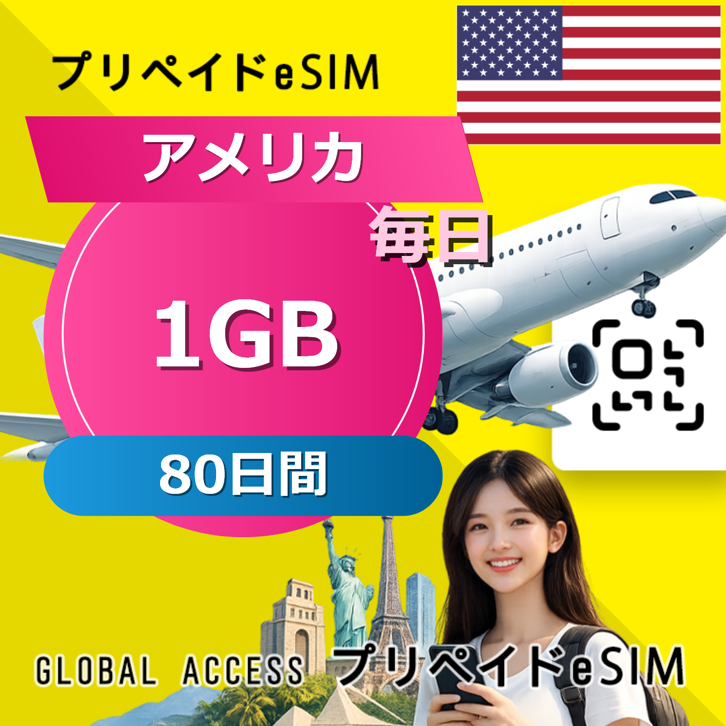 アメリカ eSIM 1GB 毎日 80日間