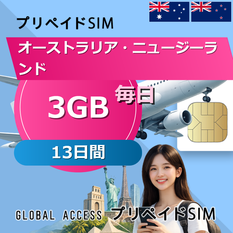 オーストラリア・ニュージーランド SIMカード 3GB 毎日 13日間