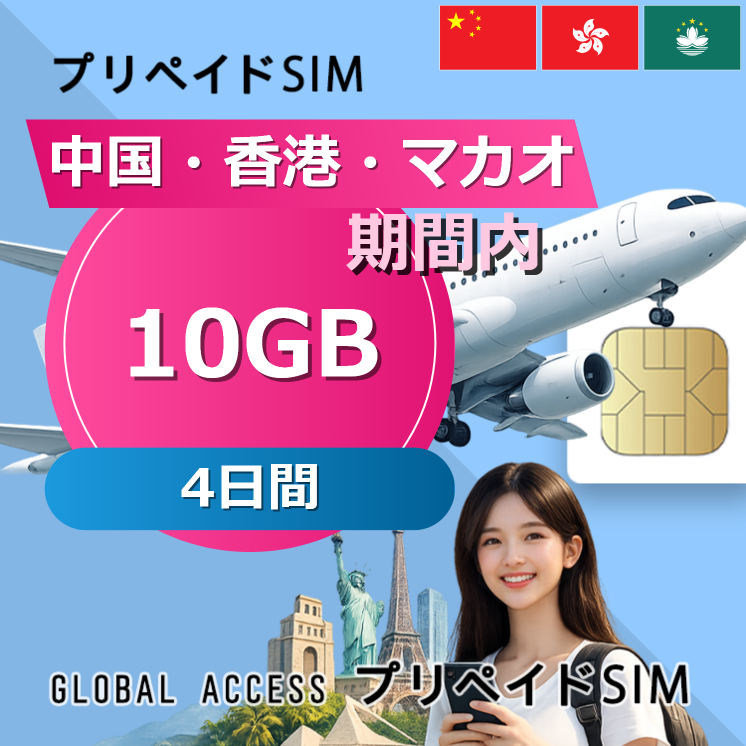 中国・香港・マカオ SIMカード 10GB 4日間