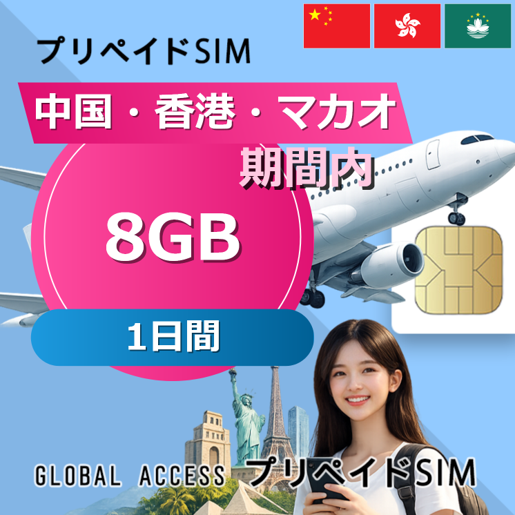 中国・香港・マカオ SIMカード 8GB 1日間