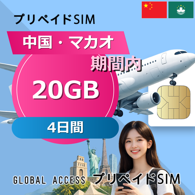 中国・マカオ SIMカード 20GB 4日間