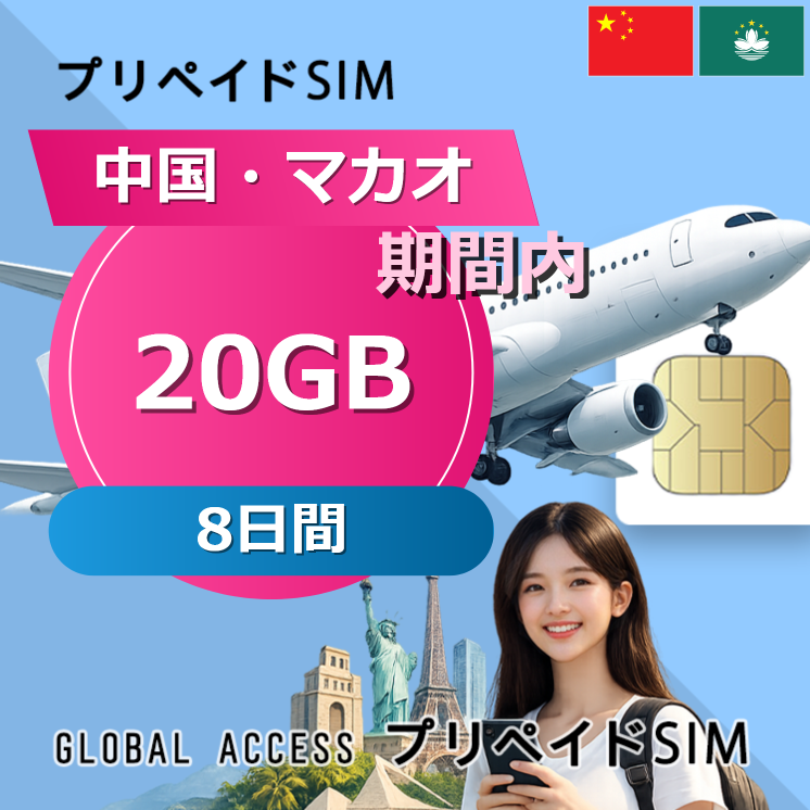 中国・マカオ SIMカード 20GB 8日間
