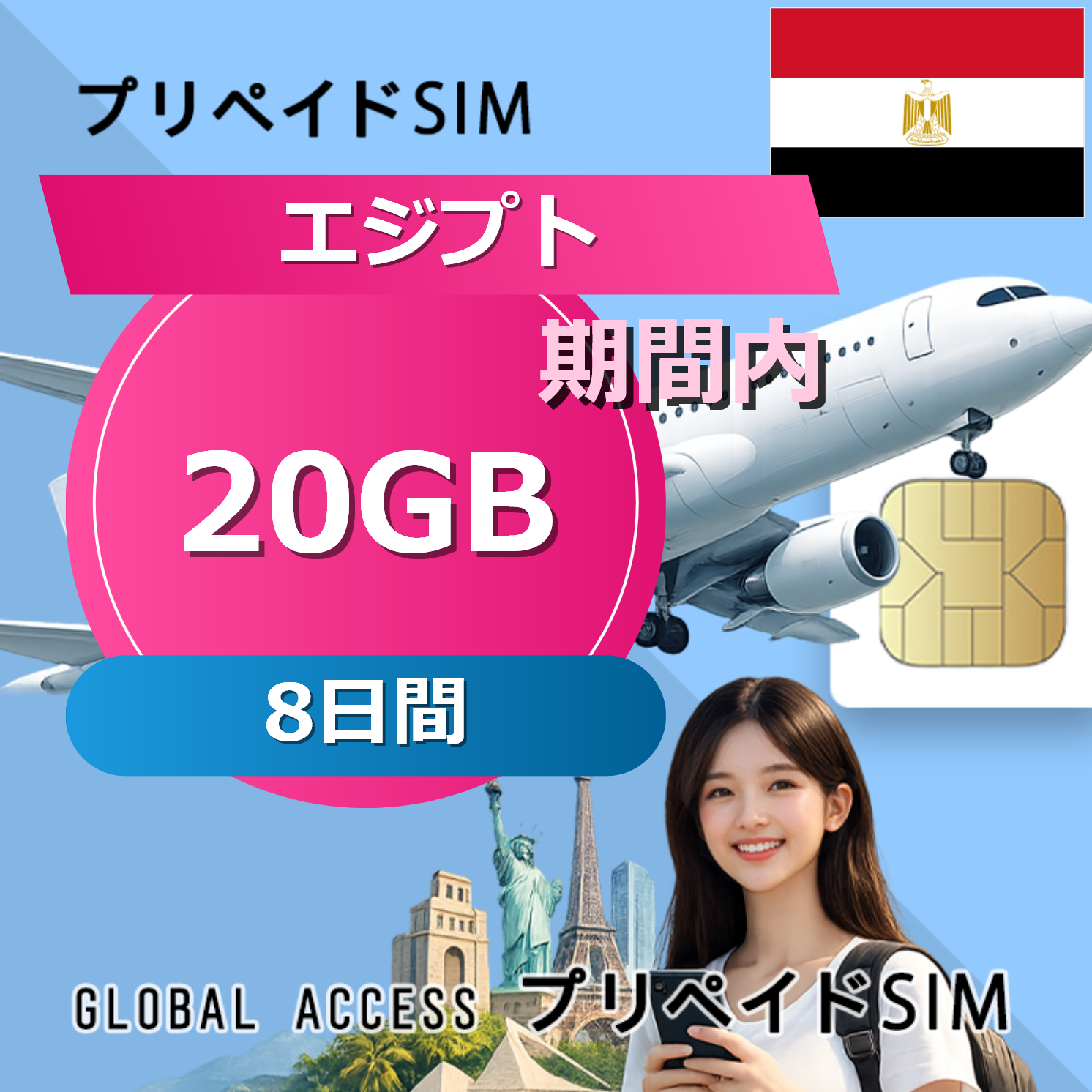 エジプト SIMカード 20GB 8日間