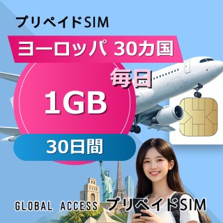 ヨーロッパ 30カ国 SIMカード 1GB 毎日 30日間