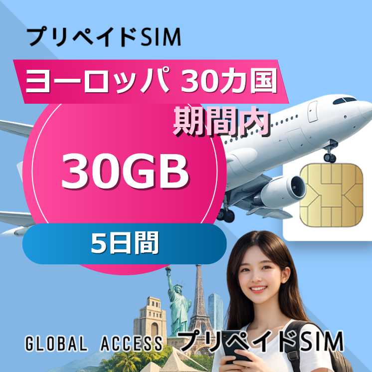 ヨーロッパ 30カ国 SIMカード 30GB 5日間