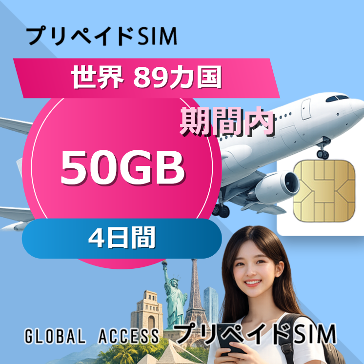 世界 89カ国 SIMカード 50GB 4日間