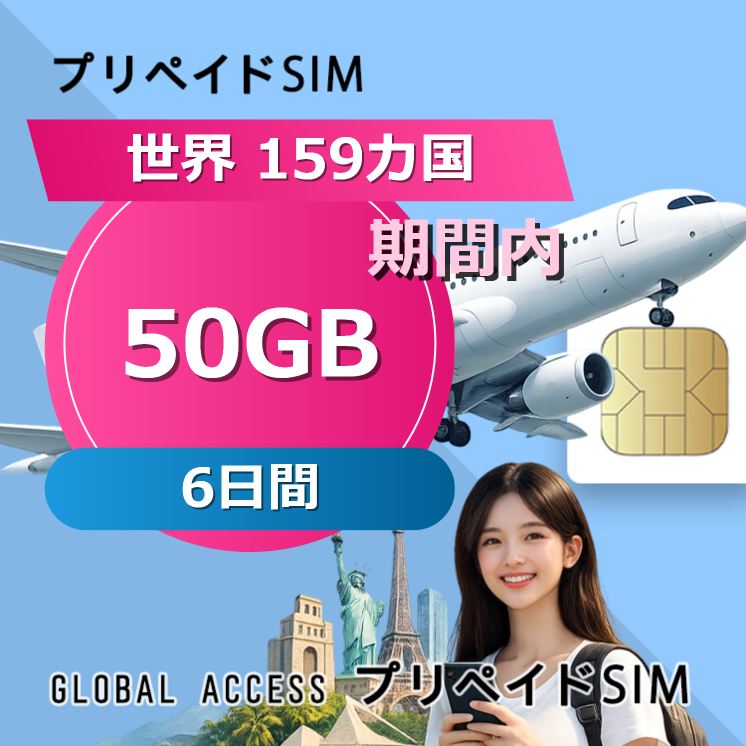 世界 159カ国 SIMカード 50GB 6日間