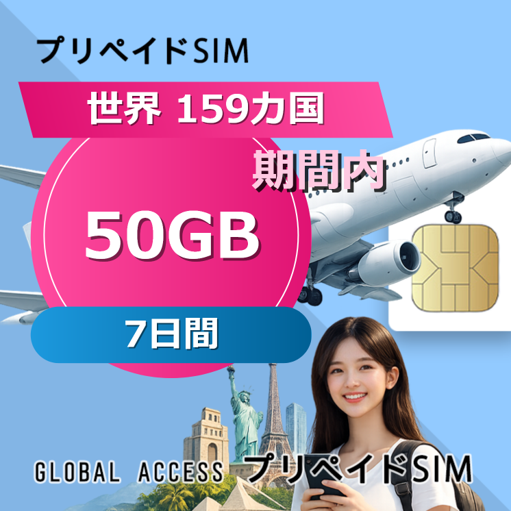 世界 159カ国 SIMカード 50GB 7日間