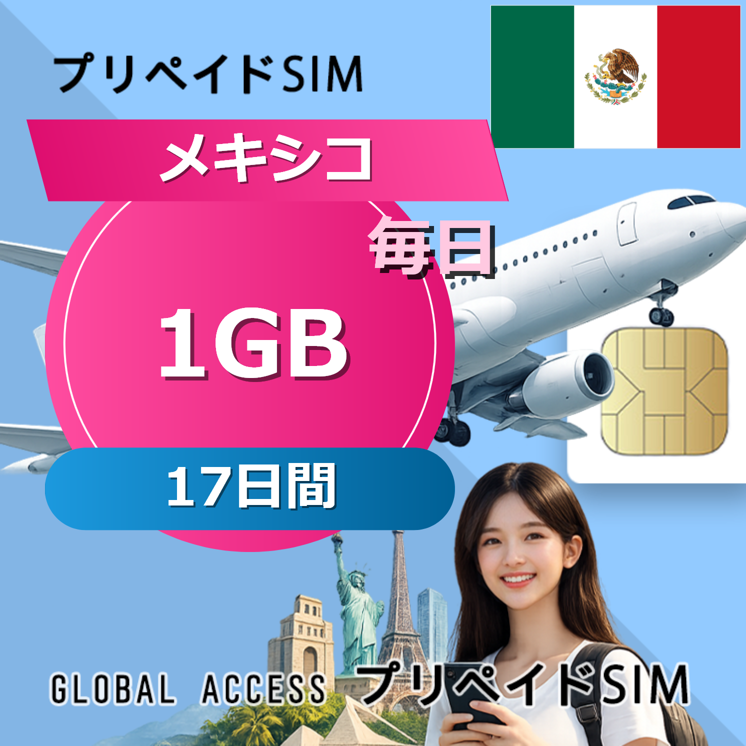 メキシコ SIMカード 1GB 毎日 17日間