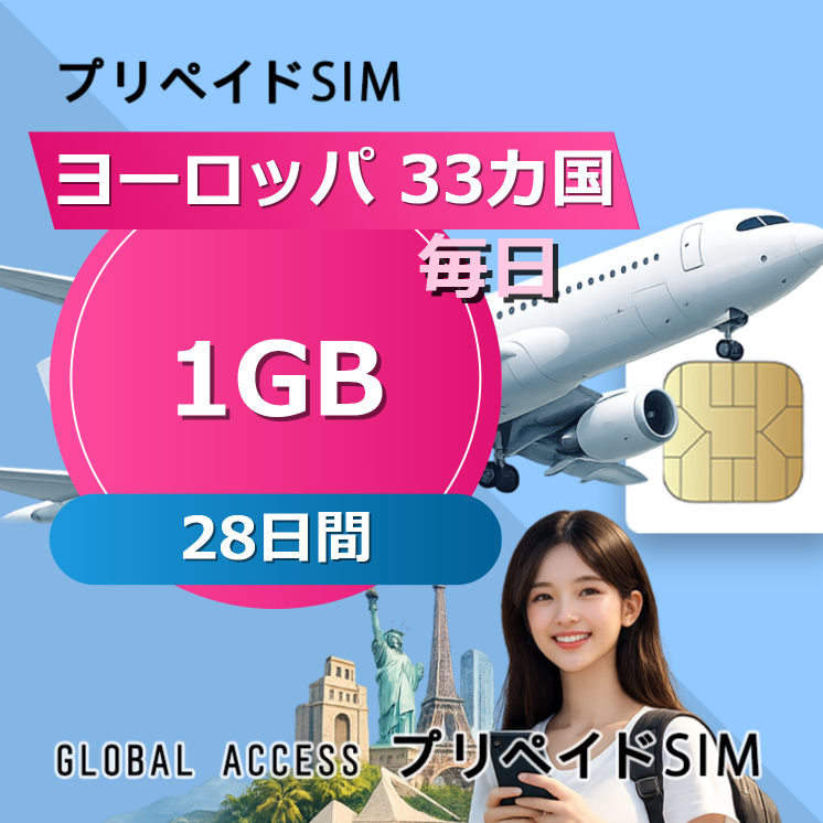 ヨーロッパ 33カ国 SIMカード 1GB 毎日 28日間