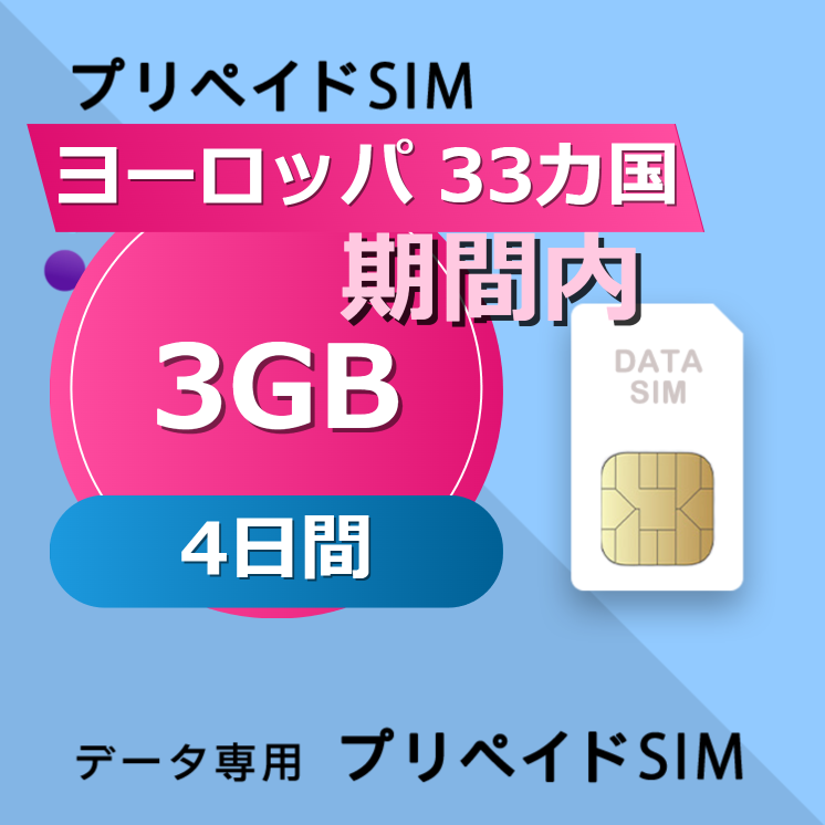 ヨーロッパ 33カ国 3GB / 4日間