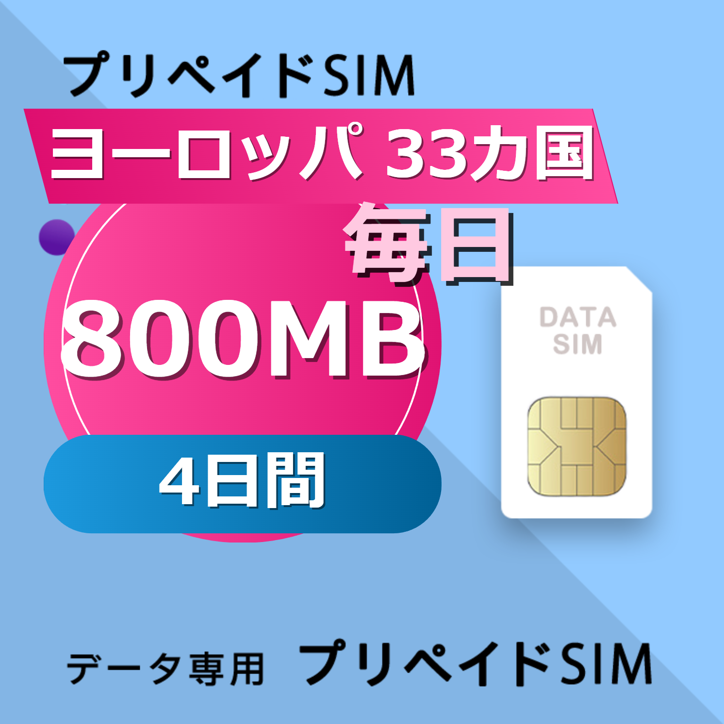ヨーロッパ 33カ国 800MB / 毎日 4日間