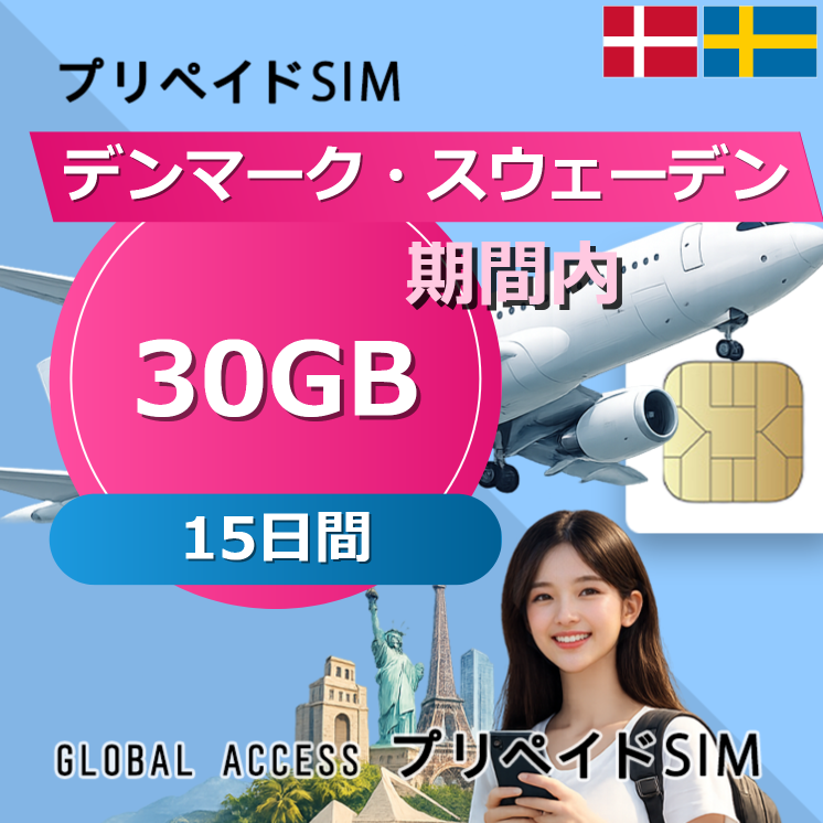 デンマーク・スウェーデン SIMカード 30GB 15日間
