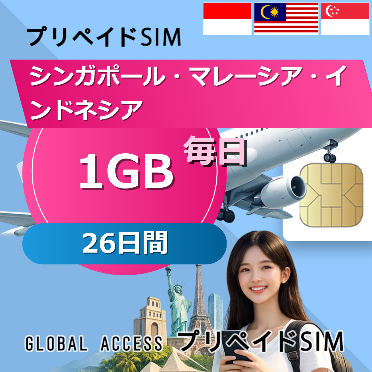 シンガポール・マレーシア・インドネシア SIMカード 1GB 毎日 26日間