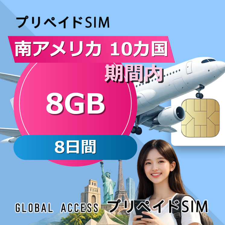 南アメリカ 10カ国 SIMカード 8GB 8日間