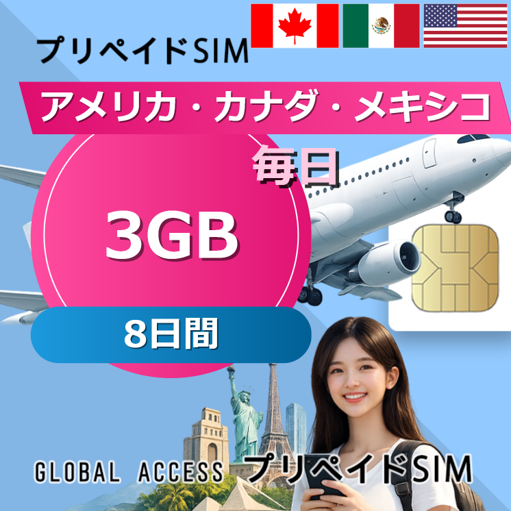 アメリカ・カナダ・メキシコ SIMカード 3GB 毎日	 8日間