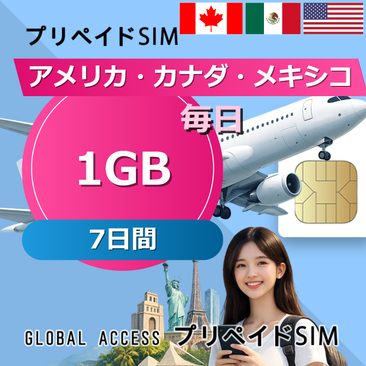 アメリカ・カナダ・メキシコ SIMカード 1GB 毎日 7日間