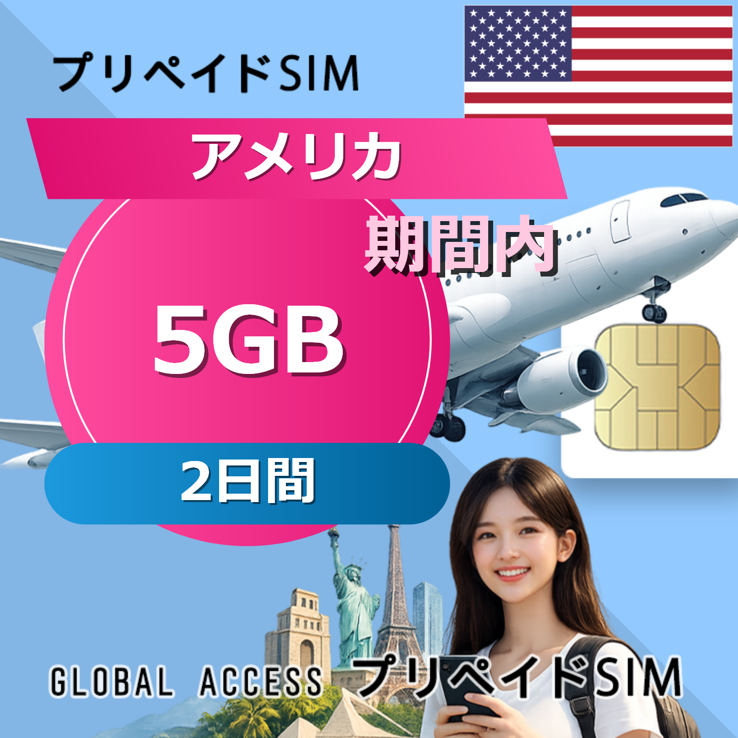 アメリカ SIMカード 15GB 2日間
