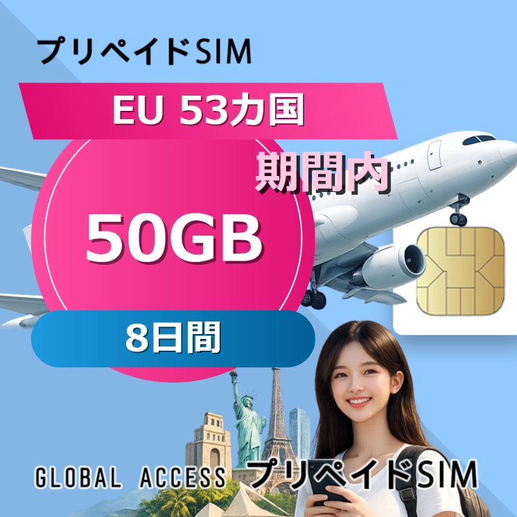 EU 53カ国 SIMカード 50GB 8日間