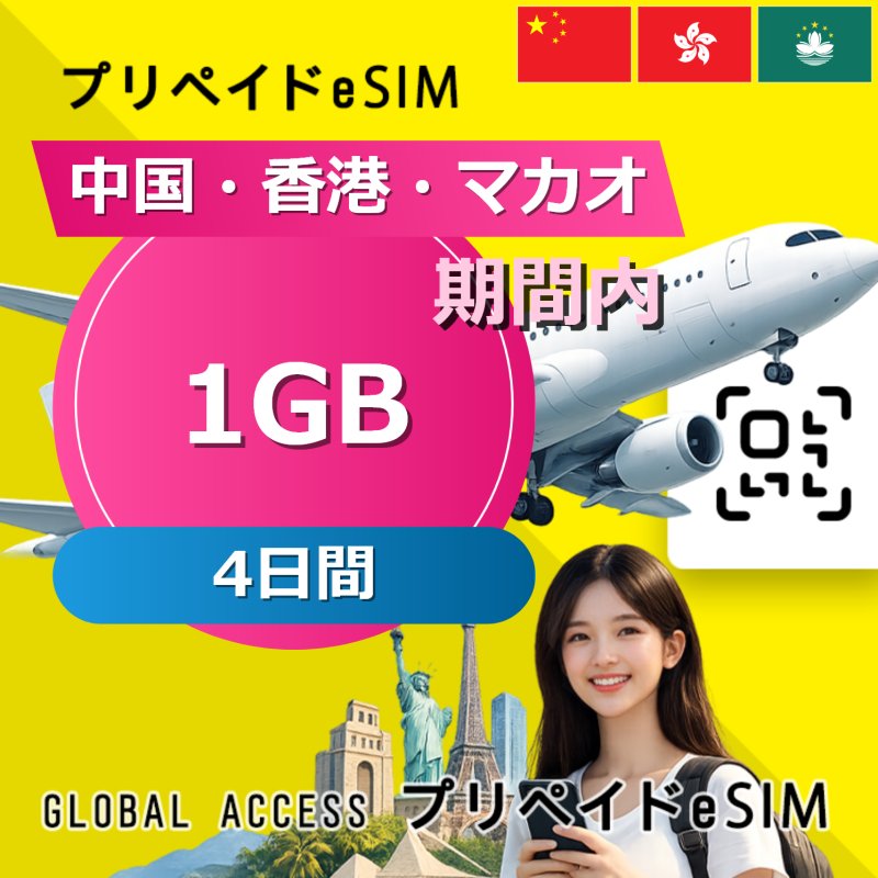 中国・香港・マカオ eSIM 1GB 4日間