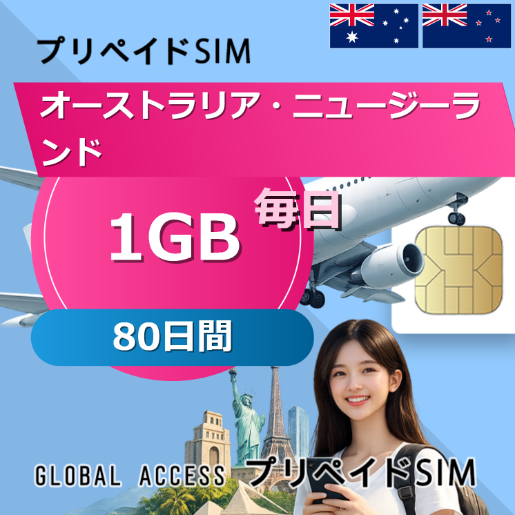 オーストラリア・ニュージーランド SIMカード 1GB 毎日 80日間