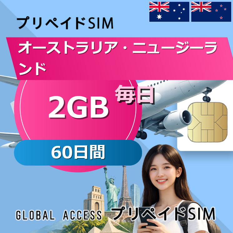 オーストラリア・ニュージーランド SIMカード 2GB 毎日 60日間