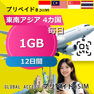 東南アジア 4カ国 eSIM 1GB 毎日 12日間