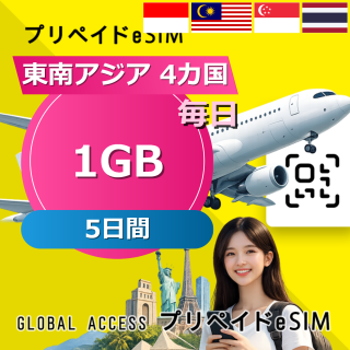 東南アジア 4カ国 eSIM 1GB 毎日 5日間