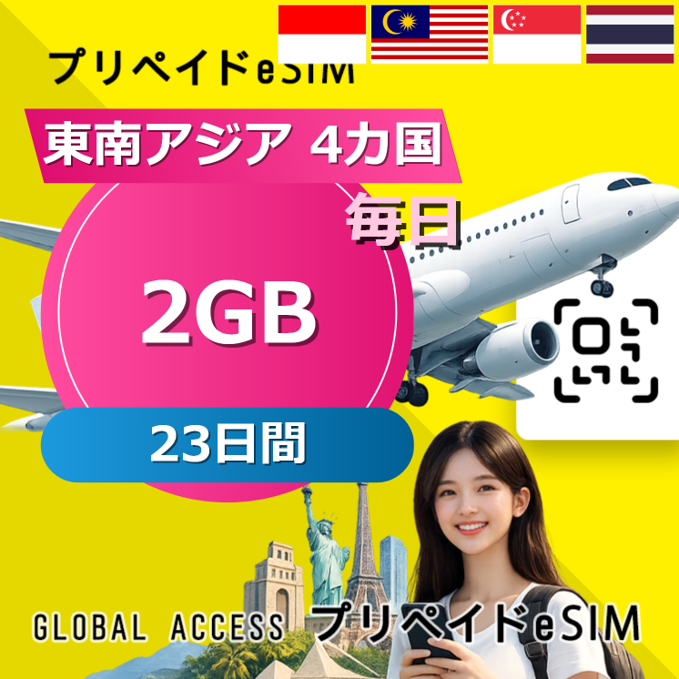 東南アジア 4カ国 eSIM 2GB 毎日 23日間