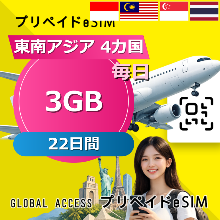 東南アジア 4カ国 eSIM 3GB 毎日 22日間