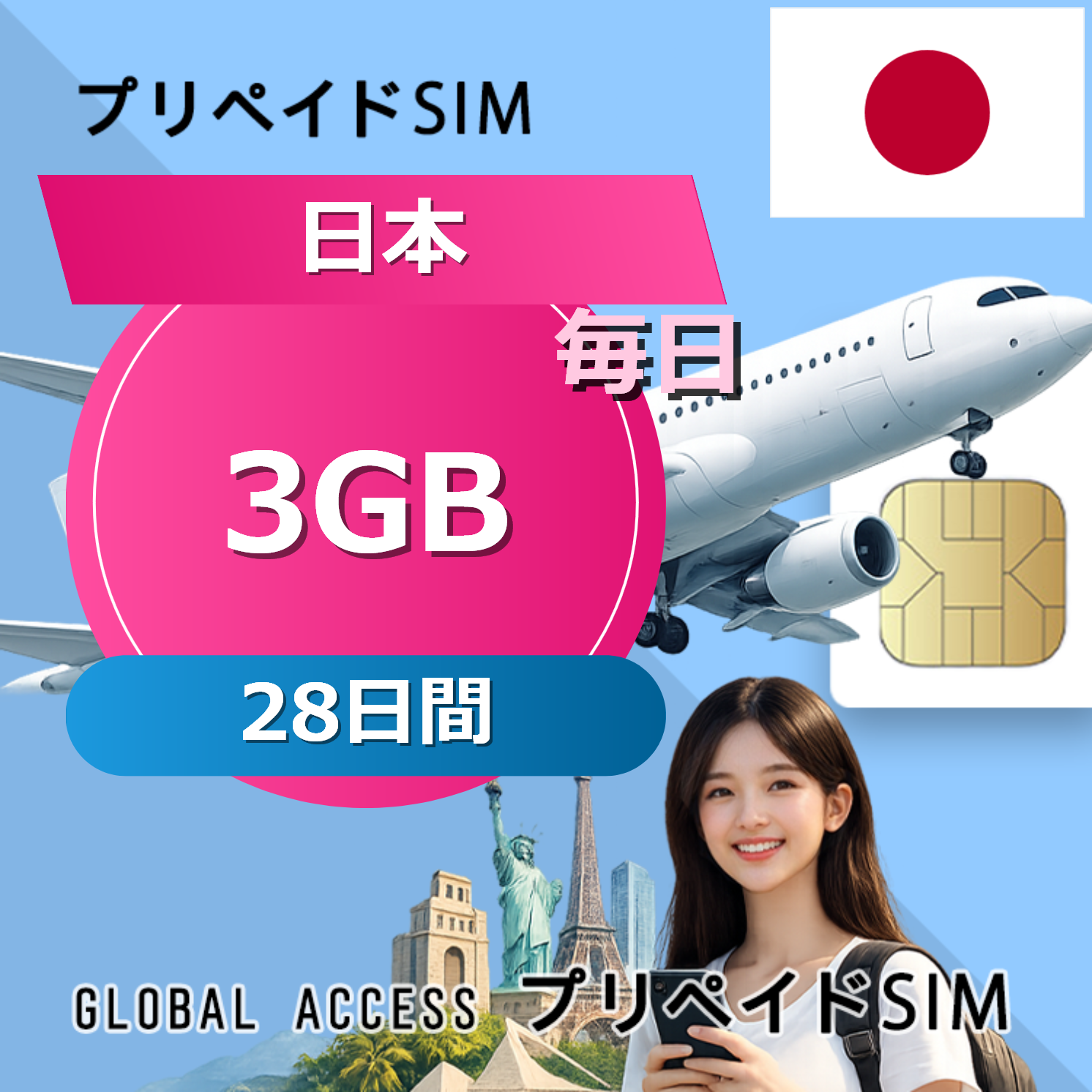 日本 SIMカード 3GB 毎日 28日間
