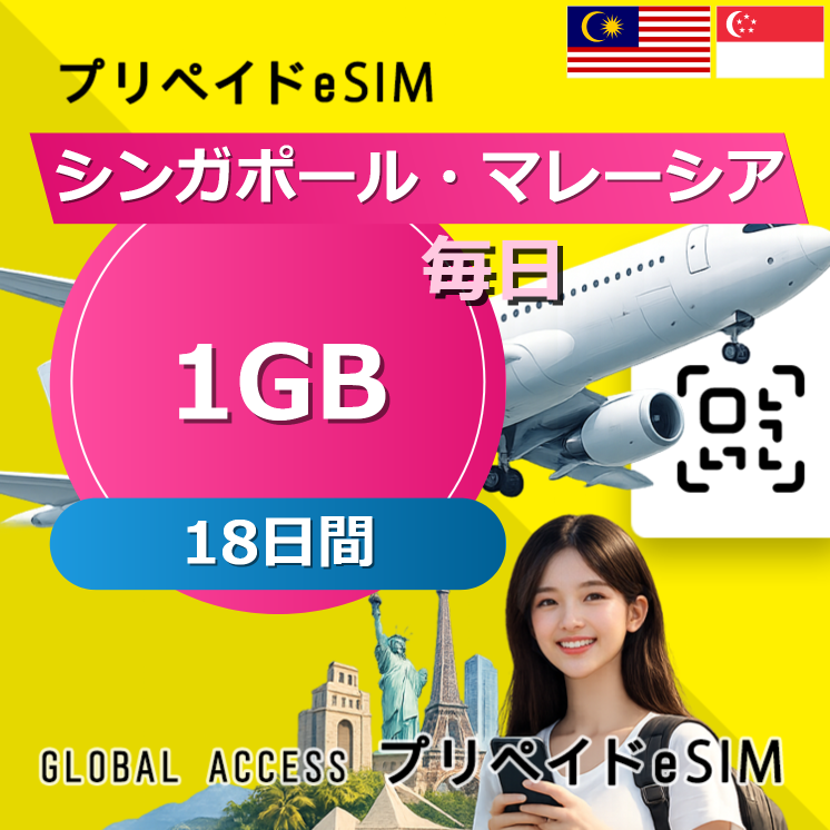 シンガポール・マレーシア eSIM 1GB 毎日 18日間