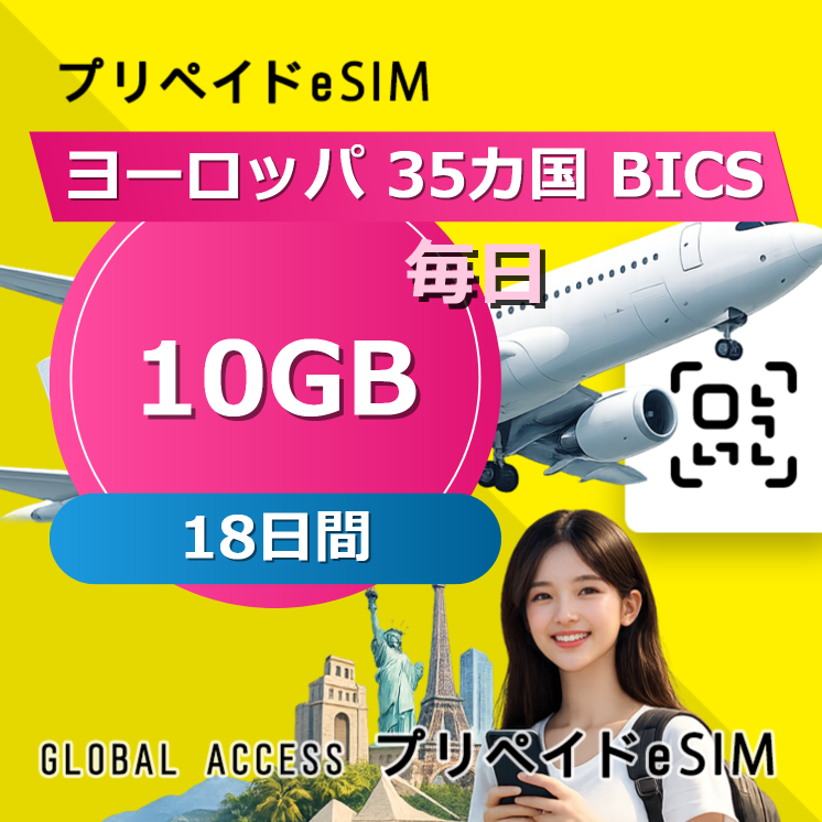 ヨーロッパ 35カ国 BICS eSIM 10GB 毎日 18日間