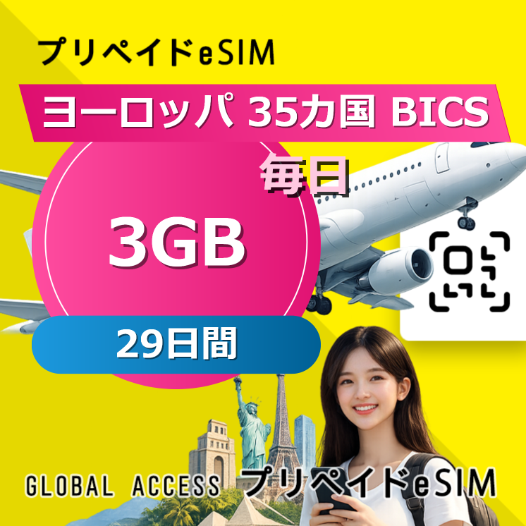 ヨーロッパ 35カ国 BICS eSIM 3GB 毎日 29日間