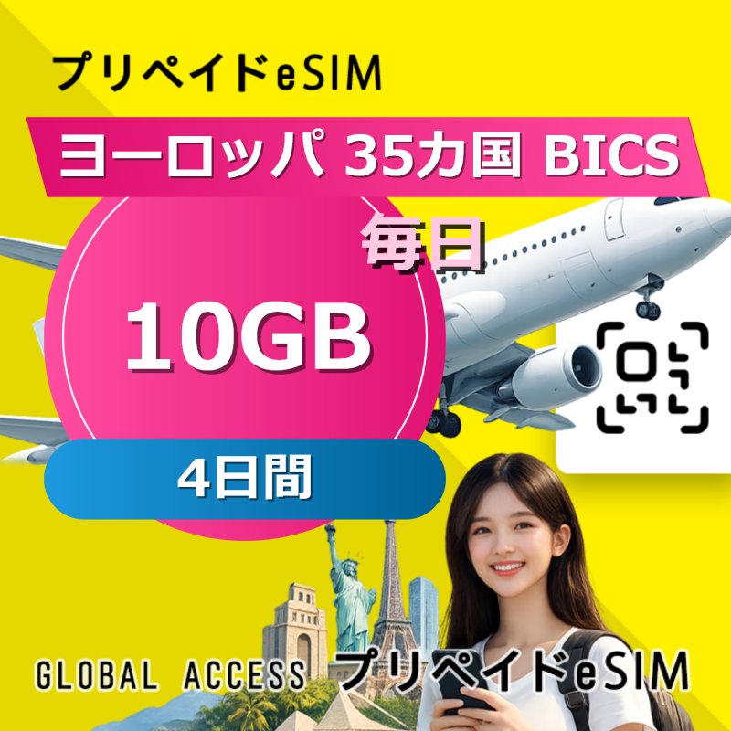 ヨーロッパ 35カ国 BICS eSIM 10GB 毎日 4日間