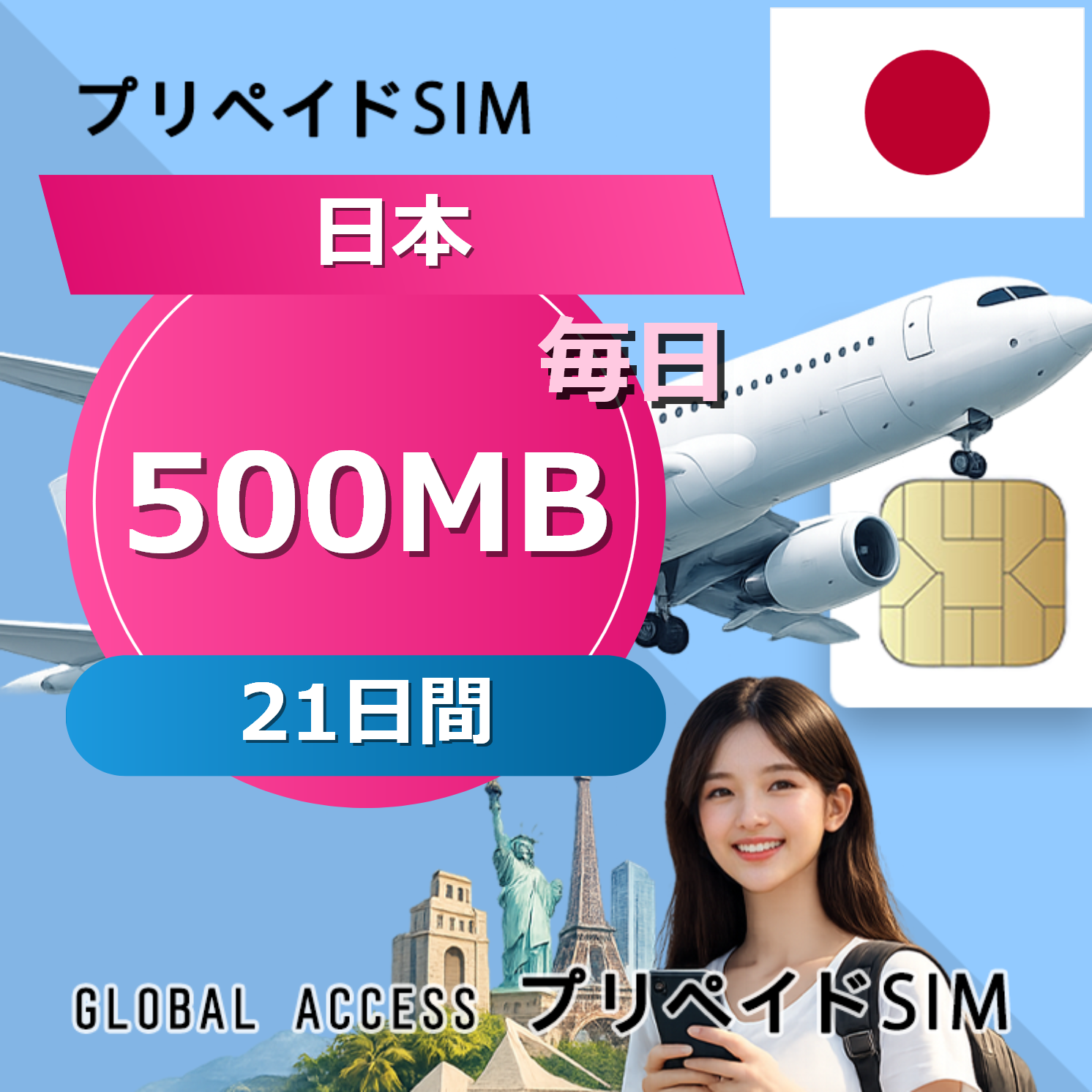 日本 SIMカード 500MB 毎日 21日間
