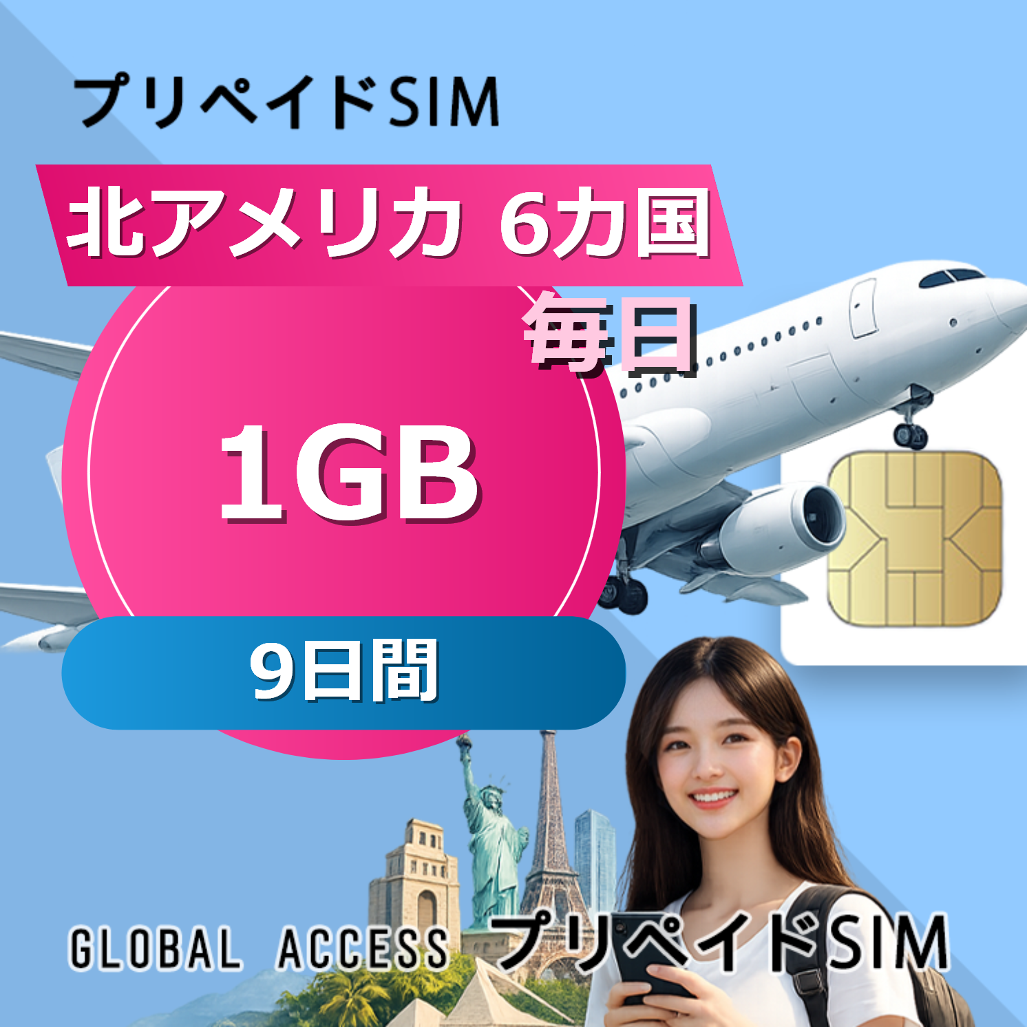 北アメリカ 6カ国 SIMカード 1GB 毎日 9日間